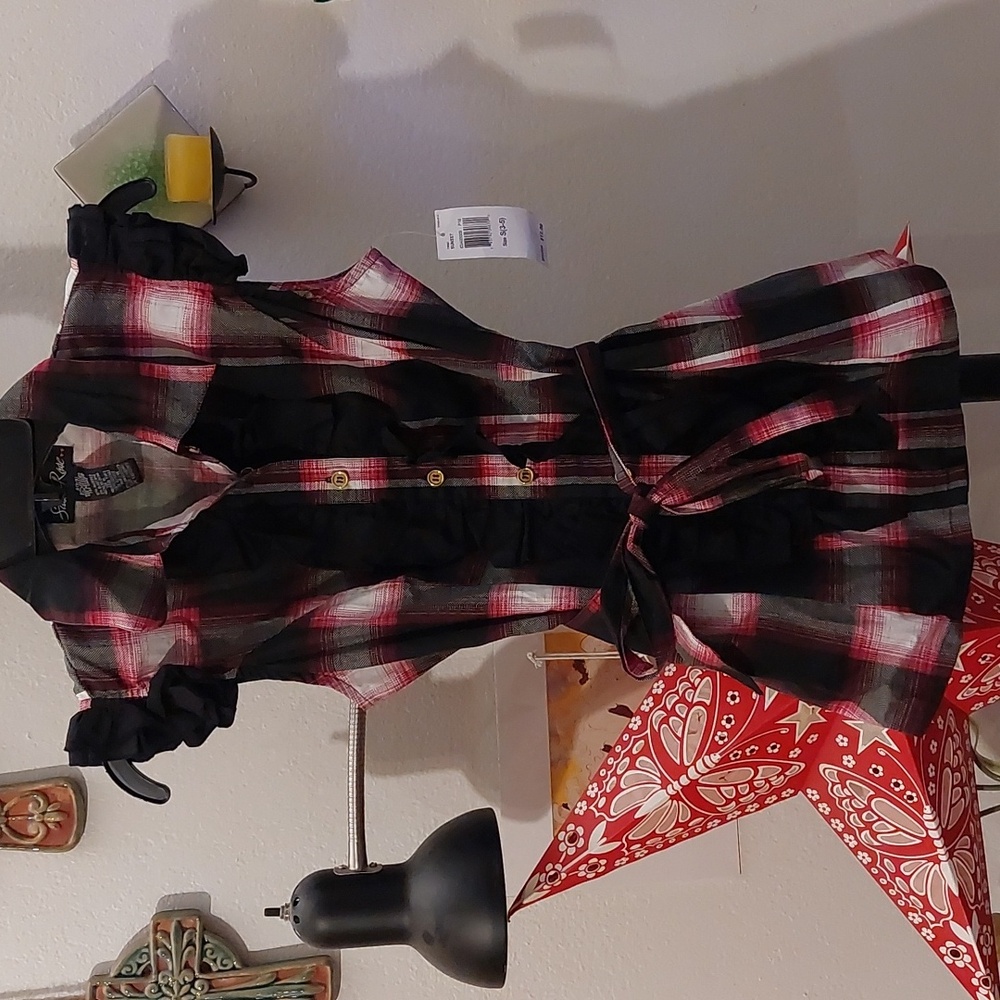 Adorable hot pink, black,  and white plaid shirt with gold buttons and ruffles